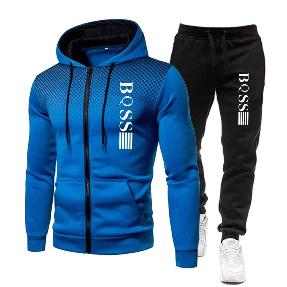 Fashion Print Tracksuit for Men Zipper Hooded Sweatshirt and Sweatpants Two Pieces Suits Male Casual Fitness Jogging Sports Sets