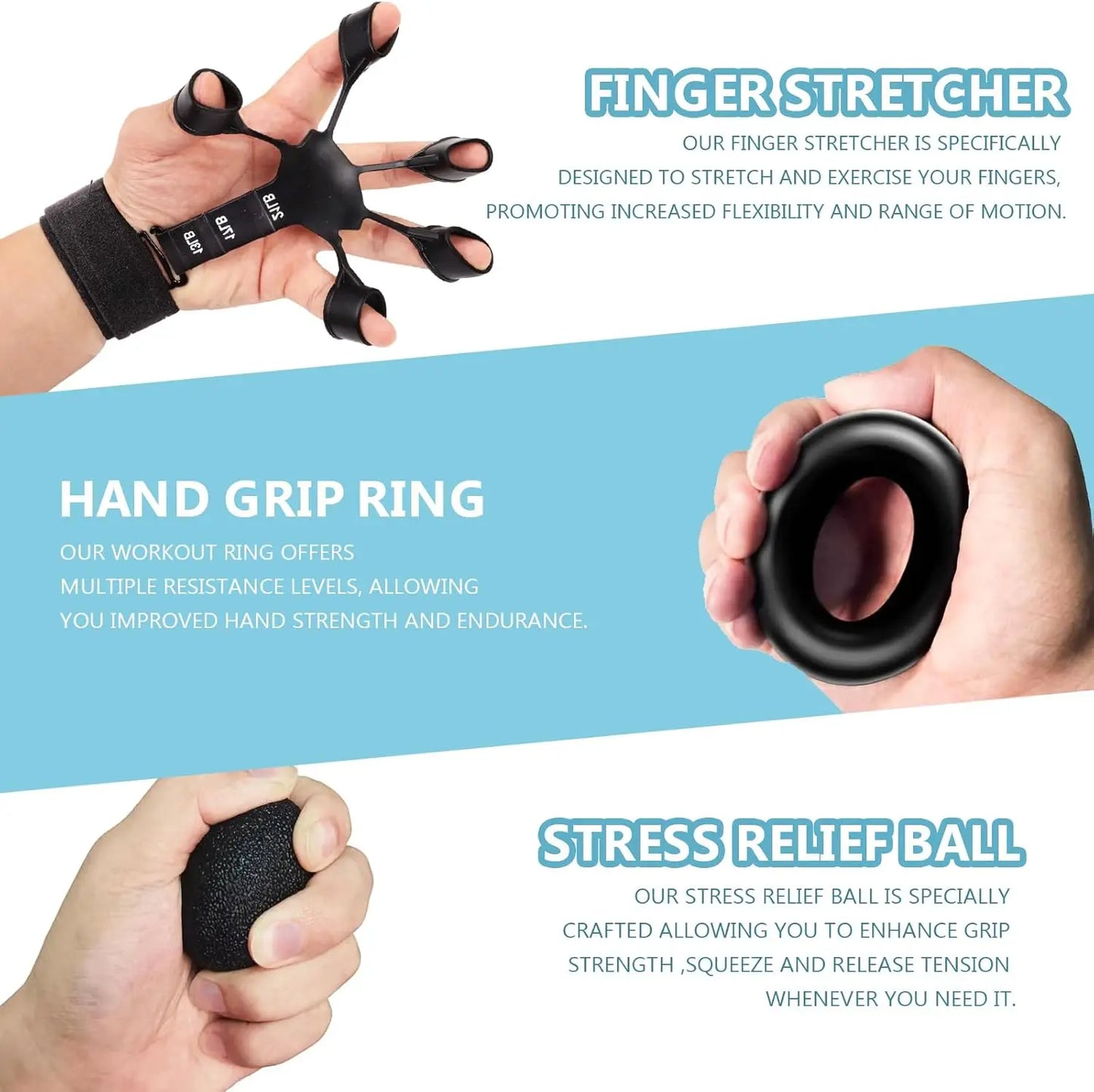 Grip Trainer Kit: Adjustable Hand Gripper, Finger/Hand Exercisers, Stress Ball & Forearm Ring for Muscle Build & Injury Rcvry
