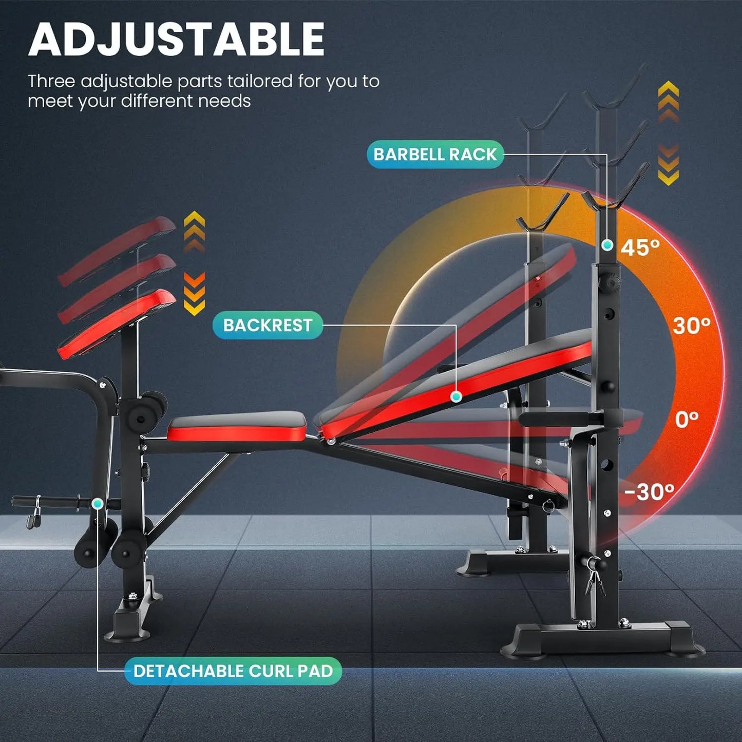 6 in 1 660lbs Weight Bench Set with Squat Rack, Bench Press Set with Barbell Rack, Adjustable