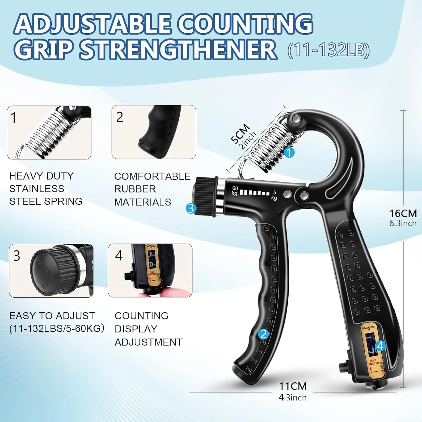 Grip Trainer Kit: Adjustable Hand Gripper, Finger/Hand Exercisers, Stress Ball & Forearm Ring for Muscle Build & Injury Rcvry