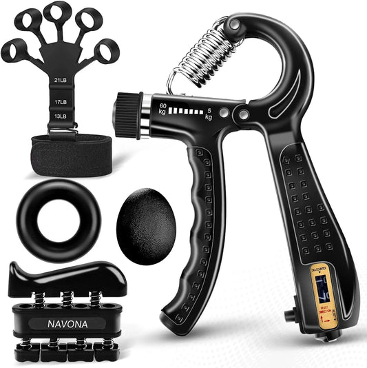 Grip Trainer Kit: Adjustable Hand Gripper, Finger/Hand Exercisers, Stress Ball & Forearm Ring for Muscle Build & Injury Rcvry