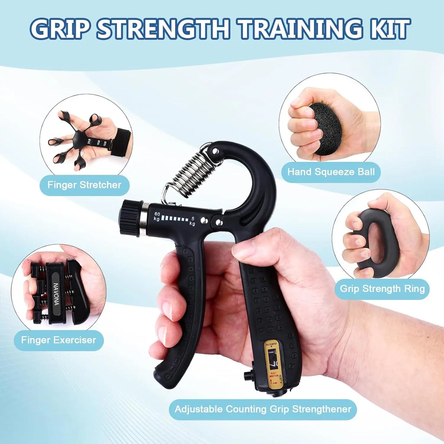 Grip Trainer Kit: Adjustable Hand Gripper, Finger/Hand Exercisers, Stress Ball & Forearm Ring for Muscle Build & Injury Rcvry