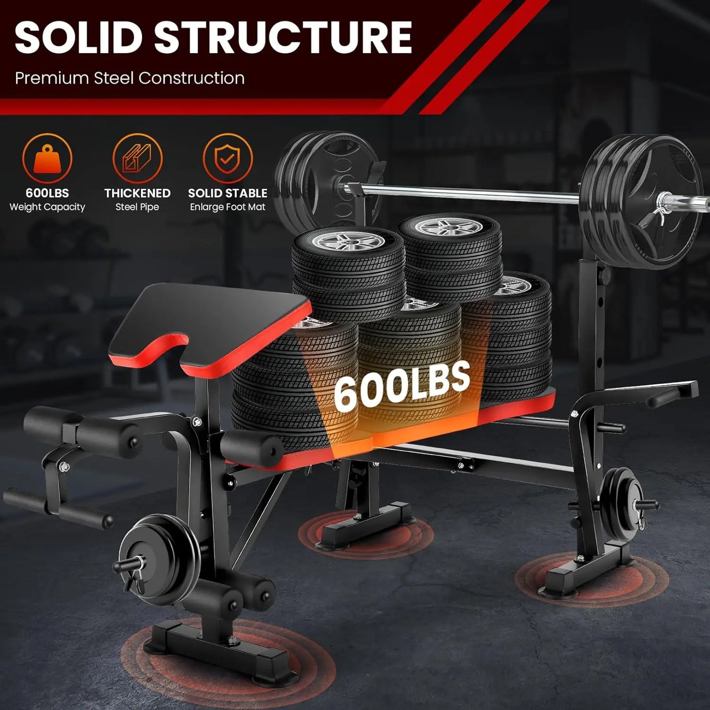 6 in 1 660lbs Weight Bench Set with Squat Rack, Bench Press Set with Barbell Rack, Adjustable