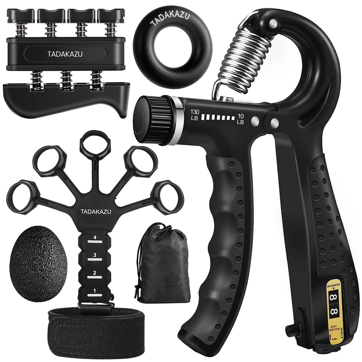 Grip Trainer Kit: Adjustable Hand Gripper, Finger/Hand Exercisers, Stress Ball & Forearm Ring for Muscle Build & Injury Rcvry