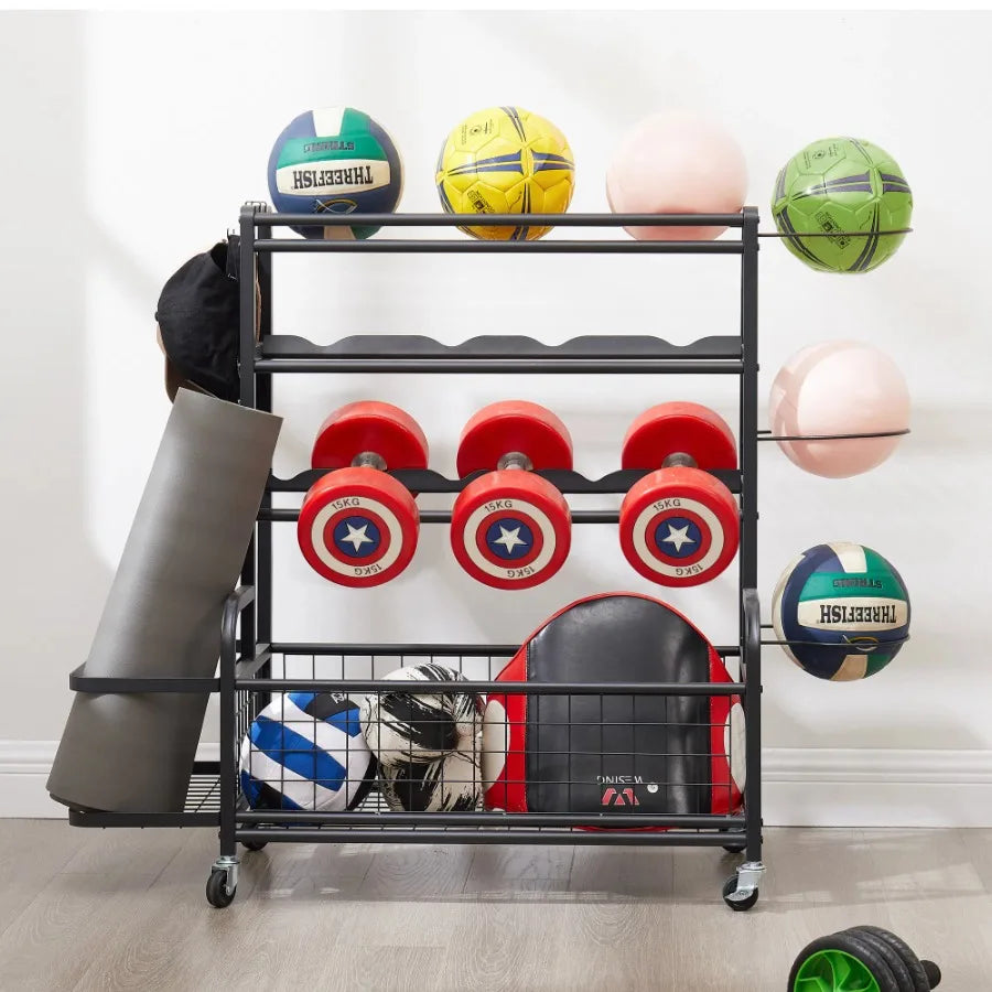 4-Tier Metal Sports Equipment Storage Rack with Rolling Wheels Baskets and Hooks-for Ball Yoga Mat and Barbell