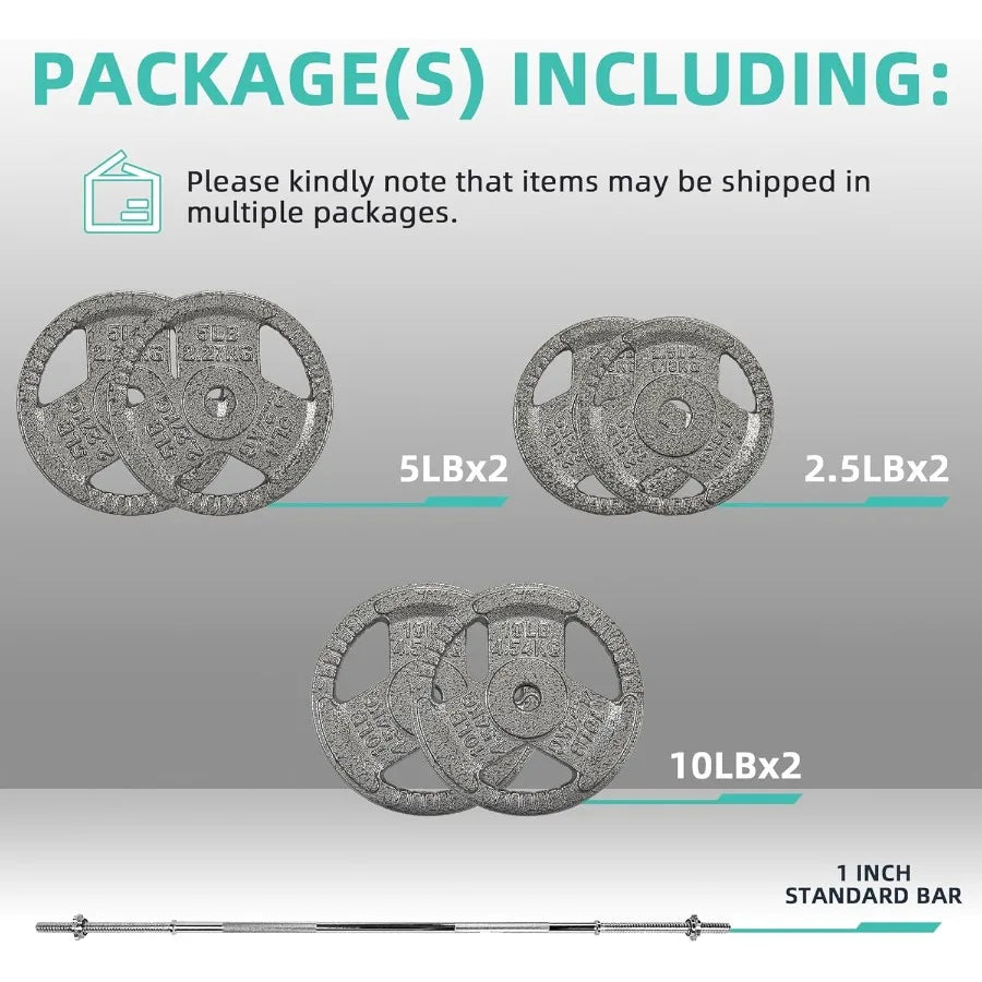 1" Standard Weight Plates Including 5FT Standard Barbell Bar & Star Locks, 45 Pounds Set
