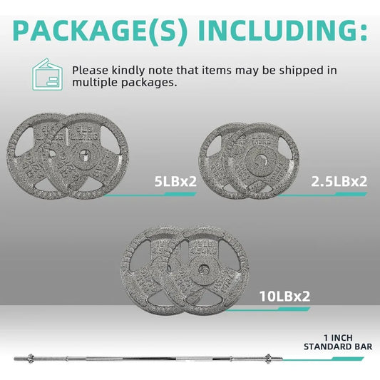 1" Standard Weight Plates Including 5FT Standard Barbell Bar & Star Locks, 45 Pounds Set