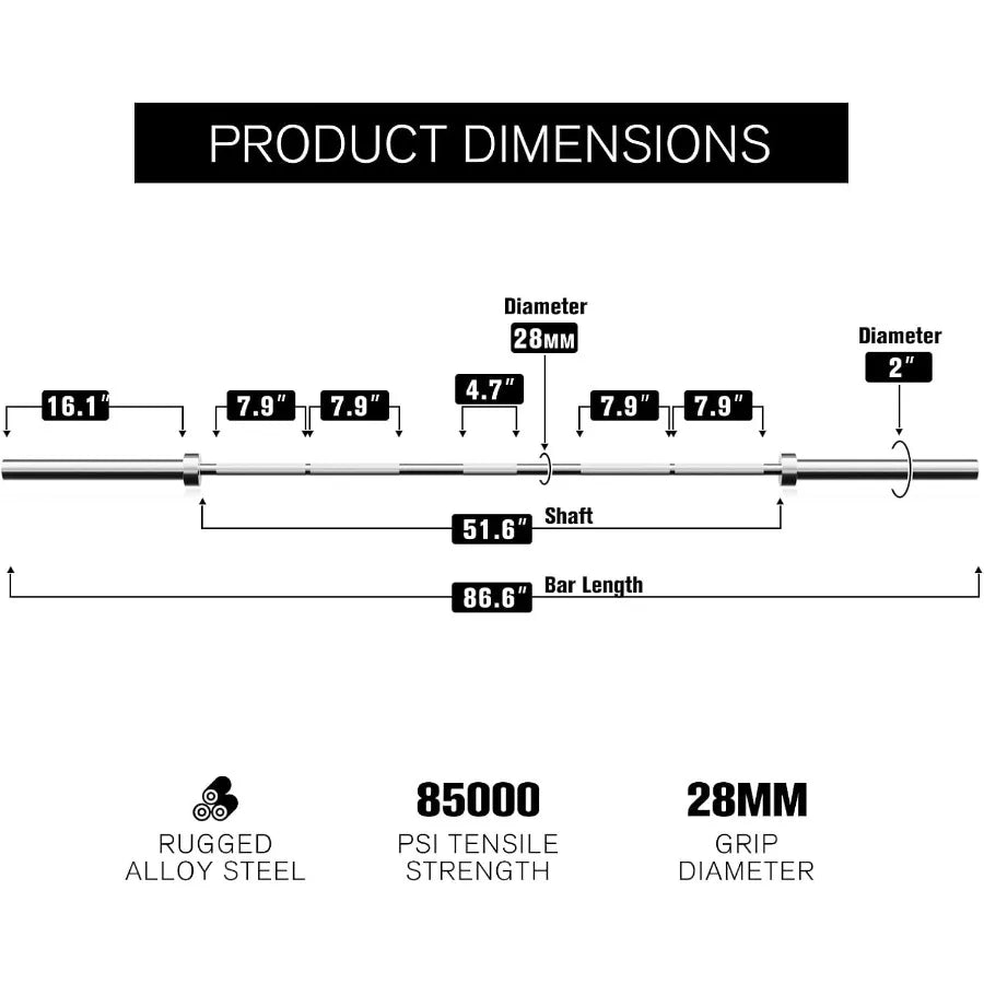 7FT Barbell 2 Inch Bar for Squat, Deadlift, Overhead Press - 500lbs Capacity