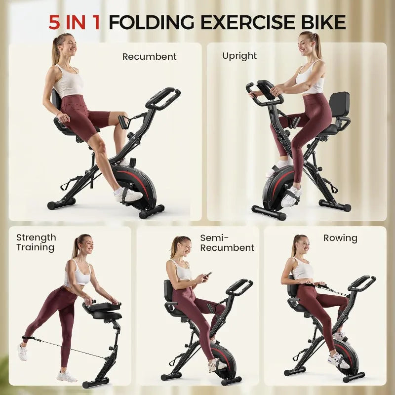 Pleny Folding Exercise Bike, 5 IN 1 Stationary Bike 6.6 LBS Flywheel Exercise Bike, Indoor Workout Bike 330LB Weight Capacity
