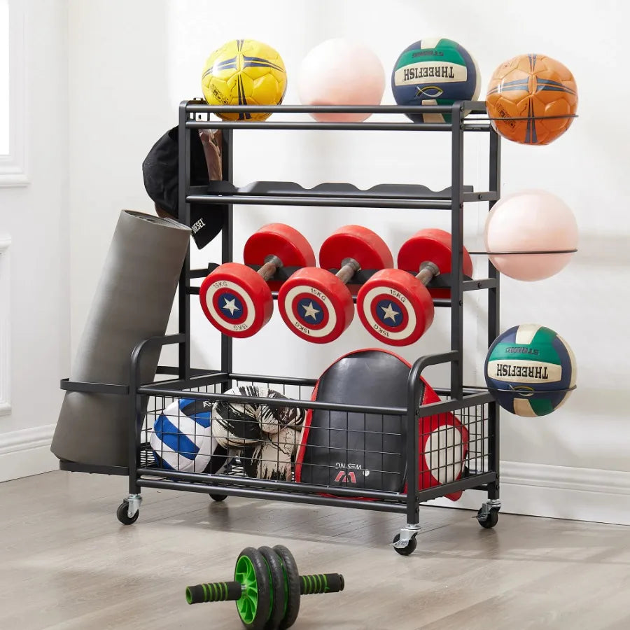 4-Tier Metal Sports Equipment Storage Rack with Rolling Wheels Baskets and Hooks-for Ball Yoga Mat and Barbell