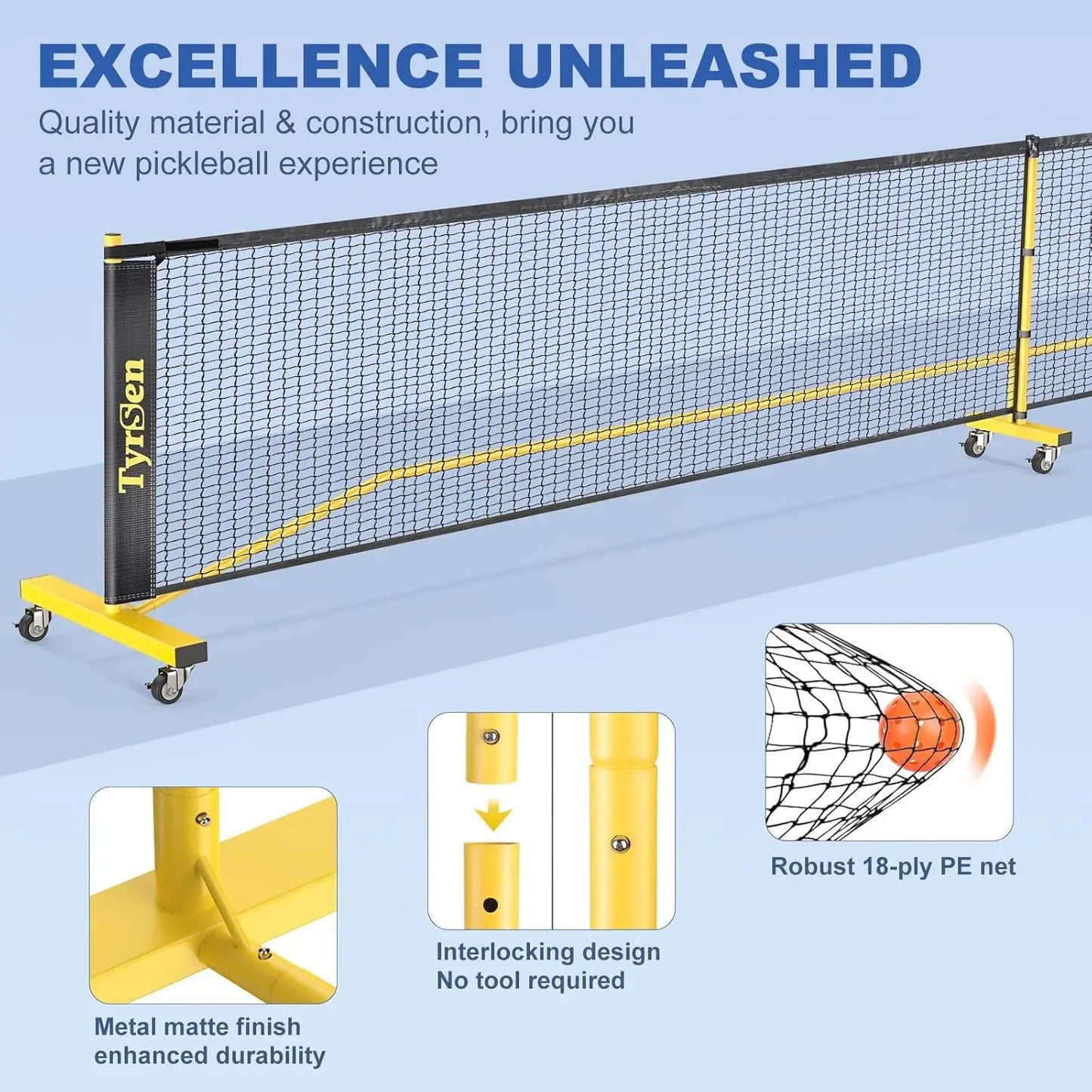 Portable Pickleball Net Set with Wheels, 22FT Regulation Size, Includes 4 Paddles & 6 Balls for Indoor Outdoor Play