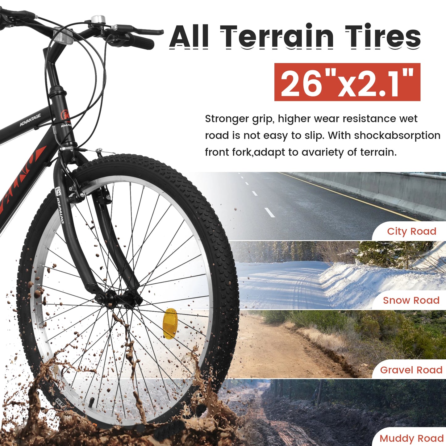 24/26 Inch Mountain Bike for Men Women, 21 Speeds Commuter MTB Bike with Dual V Brake and Steel Frame for Trail Beach Snow