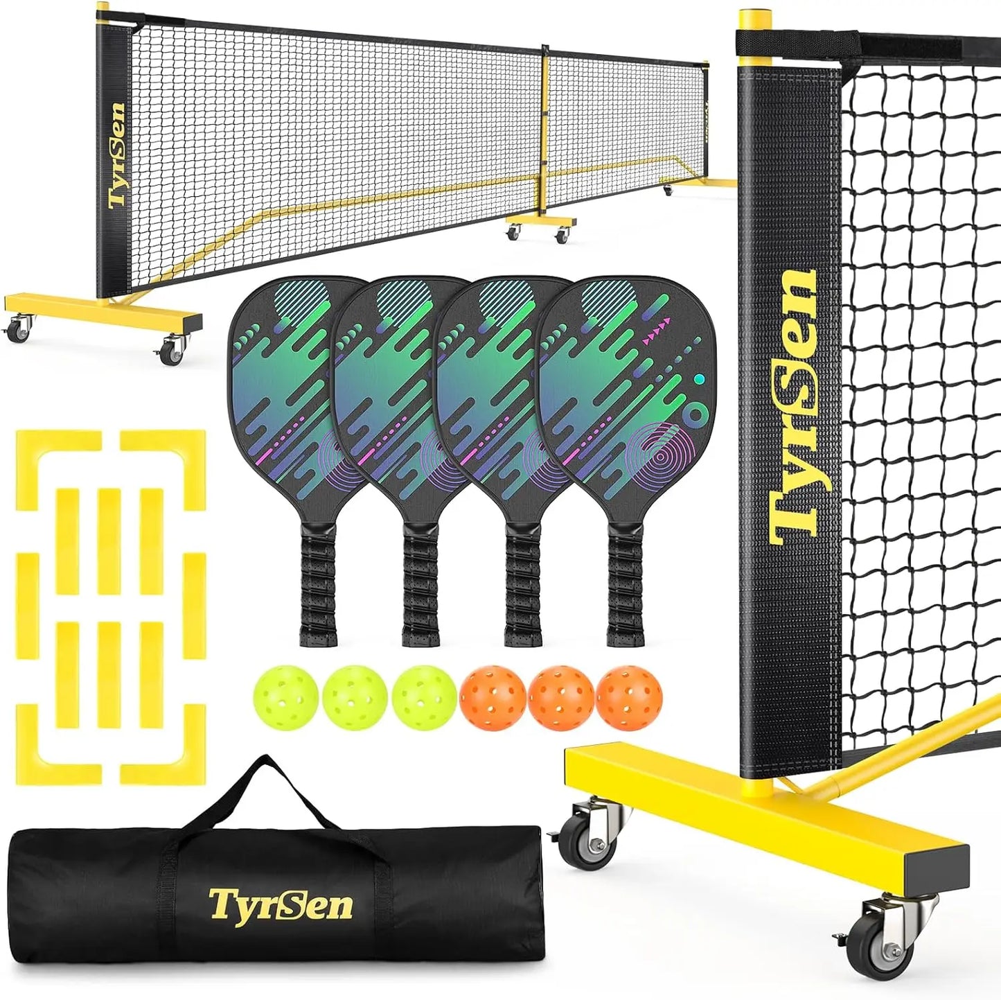 Portable Pickleball Net Set with Wheels, 22FT Regulation Size, Includes 4 Paddles & 6 Balls for Indoor Outdoor Play