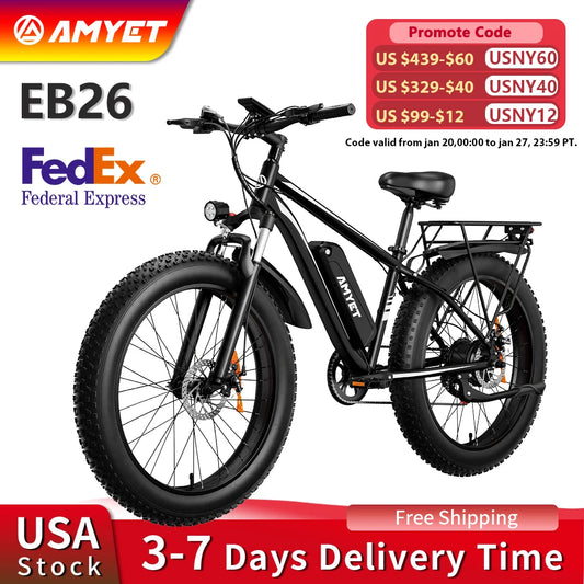 AMYET EB26 Electric Bike for Adults 1000W  48V 15AH E Bike 26" Fat Tire Mountain 31mph Dual Shock Absorber