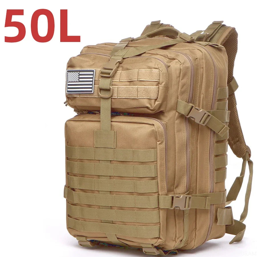 50L Sturdy Nylon Waterproof Tactical Backpack, Khaki