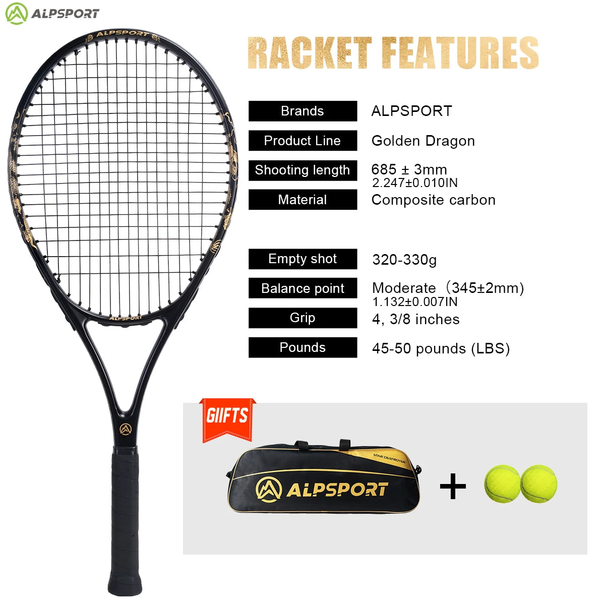 ALPSPORT JL T800 Carbon Fiber Tennis Racket , Professional Training Racket