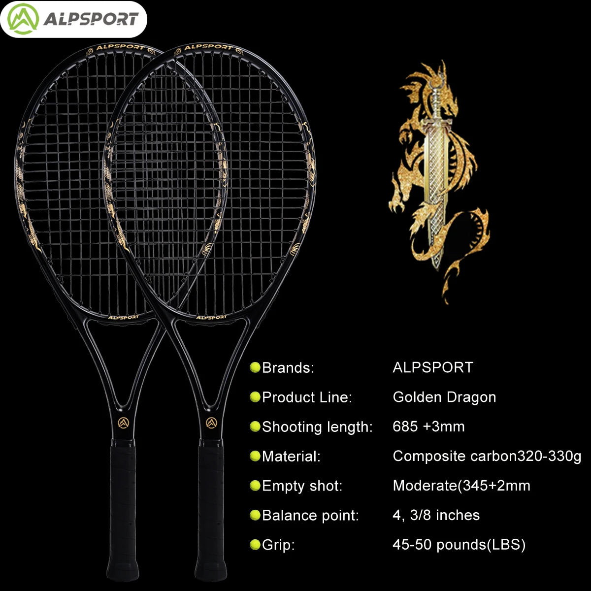 ALPSPORT JL 27-inch strong and durable 4 3/8-inch grip carbon fiber tennis racket